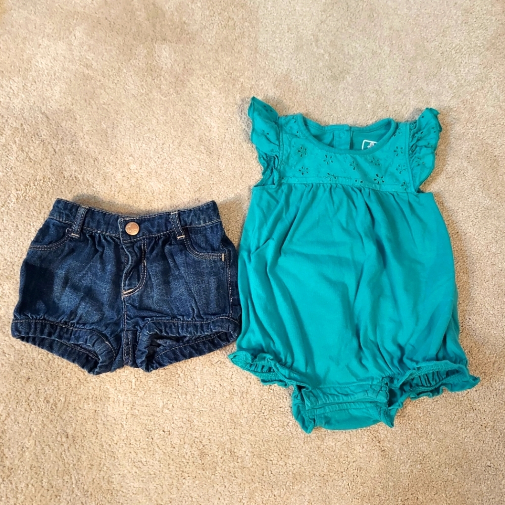 Denim Bubble Shorts & Eyelet Onesie